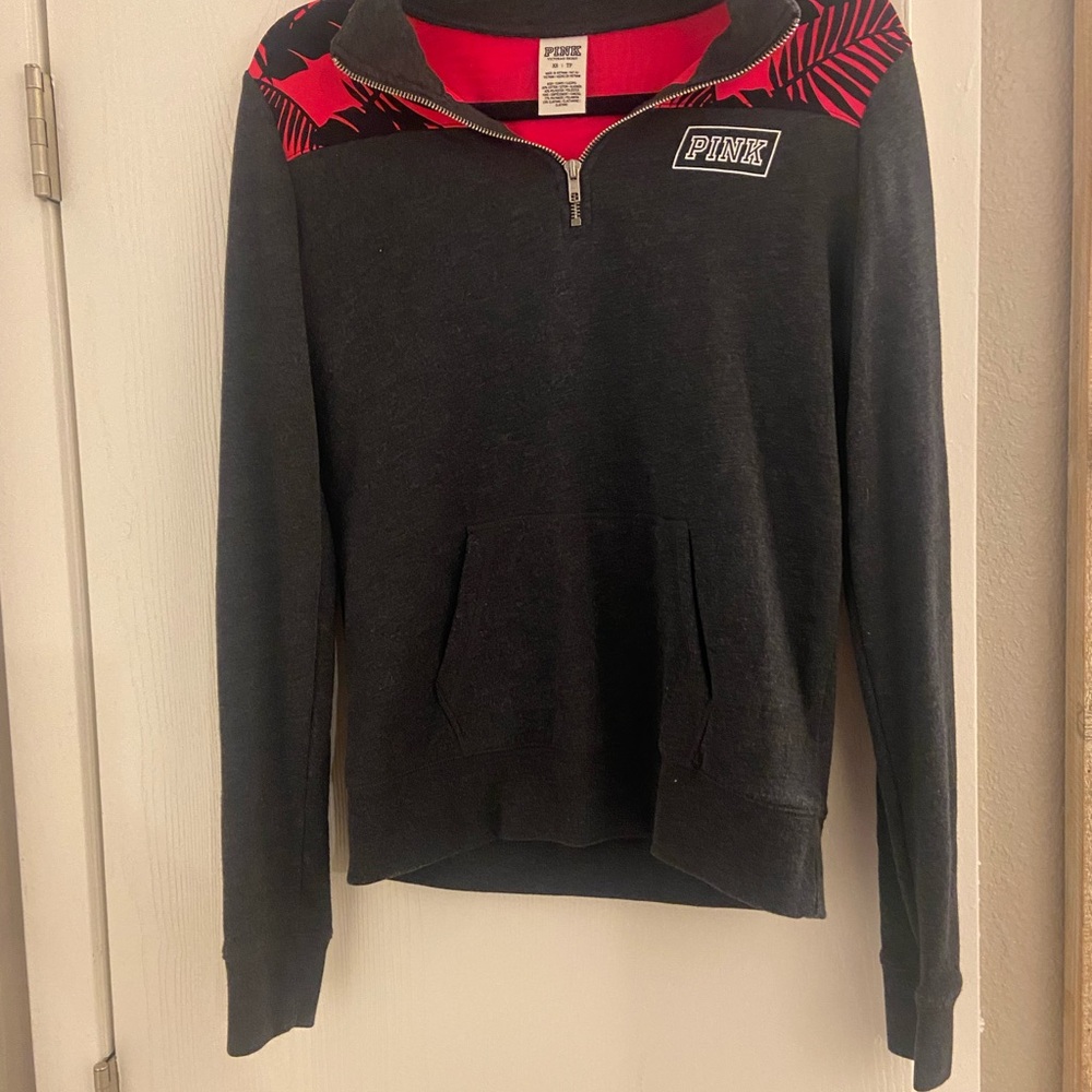 PINK Victoria's Secret Black Quarter-Zip Sweater with Red Yoke